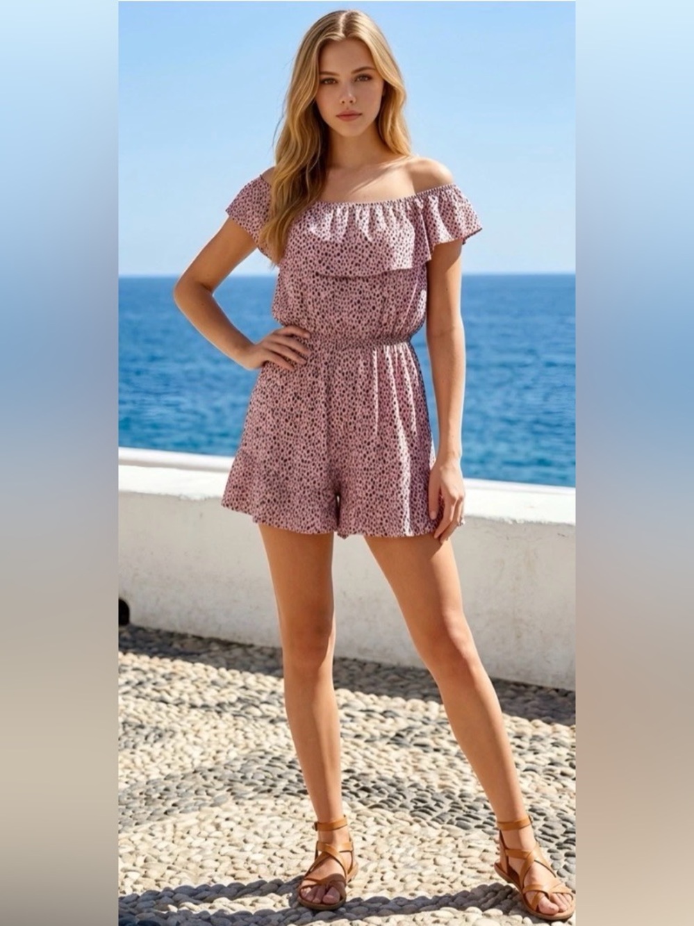 Off-Shoulder Rose Color Romper By L LOVE